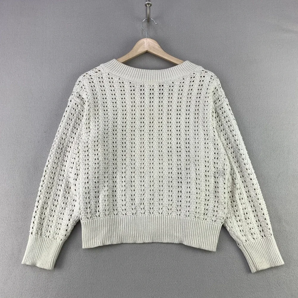 Universal Thread Open Knit V-Neck Sweater Women L Ivory Casual Crochet Nautical